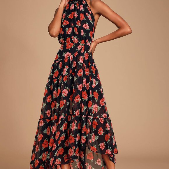 Lulus Black Floral Print Halter Midi Dress Size S